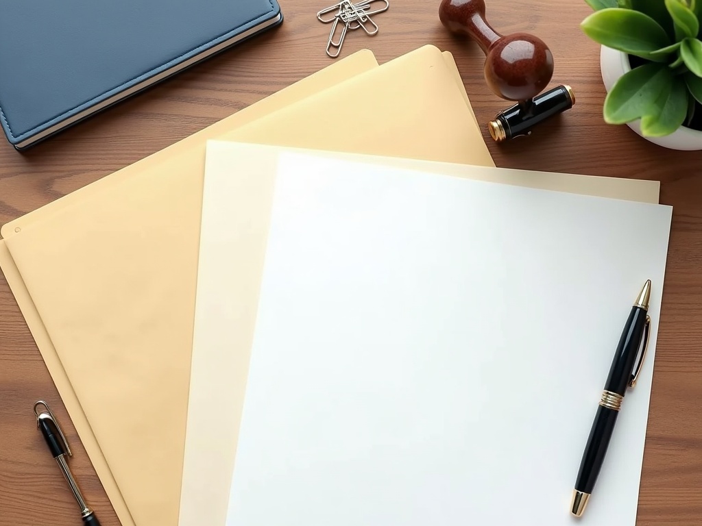 A flat-lay of blank folders, a stamp and a pen on a desk, representing the licensing and filing process
