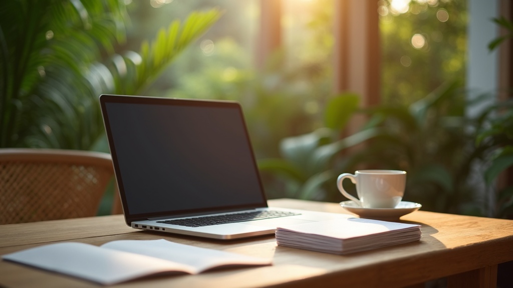 A calm Bali coworking desk with laptop and plain documents in morning light, representing independent research into company setup